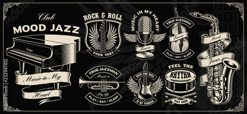 Set with vintage vector design of music instruments.