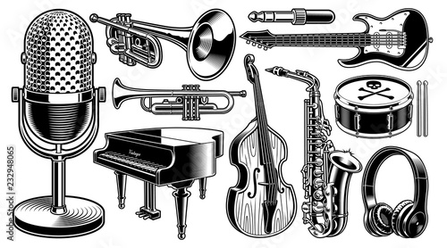 Set of black and white illustrations of musical instruments