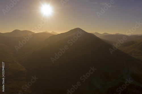 Scottish highlands aerial sunrise view