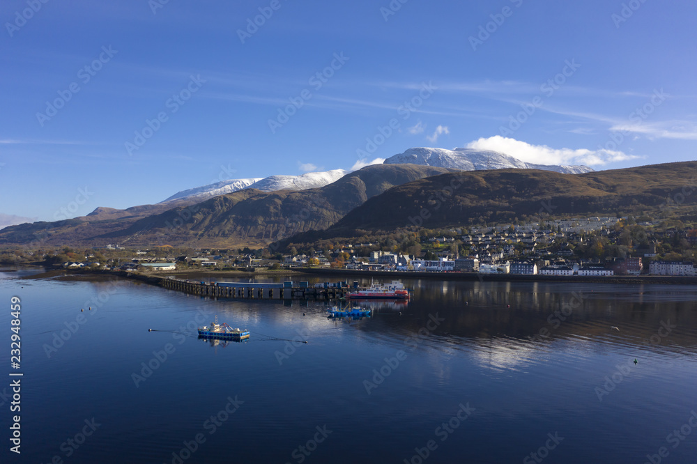 Aerial view of Fort William and Ben Nevis, Scotland, UK