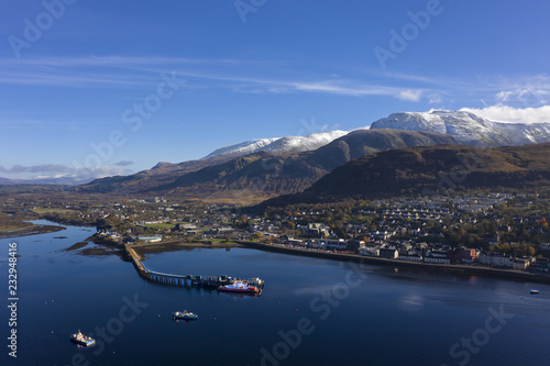 Aerial view of Fort William Pier, town and Ben Nevis Mountain