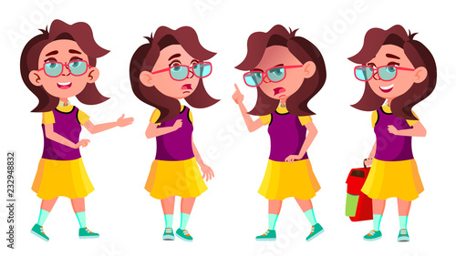 Girl Schoolgirl Kid Poses Set Vector. High School Child. Schoolchild. Funny, Friendship, Happiness Enjoyment. For Web, Poster, Booklet Design. Isolated Cartoon Illustration