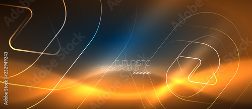 Neon glowing techno lines, hi-tech futuristic abstract background template with geometric shapes © antishock