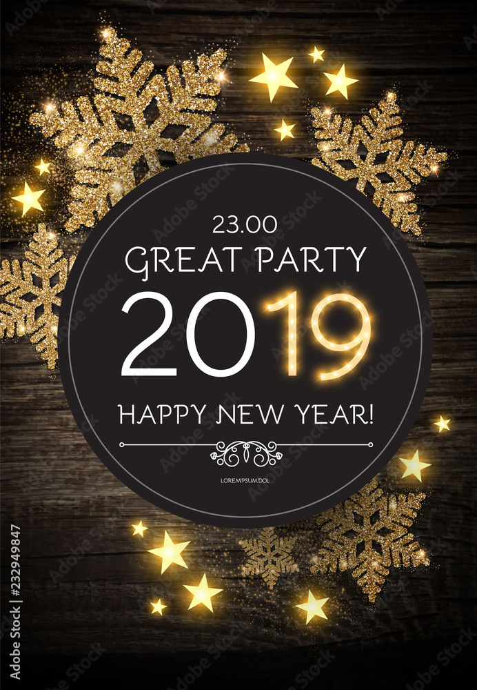 Fototapeta Hapy New 2019 Year Poster Template with Shining Snowflakes on Wood Texture.