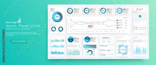 	 Infographic dashboard. Admin panel interface with green charts, graphs and diagrams. Website design vector template graph and diagram infographic, vector illustration