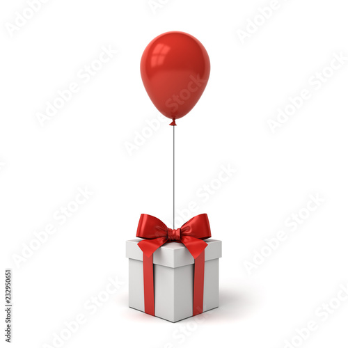 Red glossy balloon tied to gift box or present box with red ribbon bow isolated over white background with shadow 3D rendering
