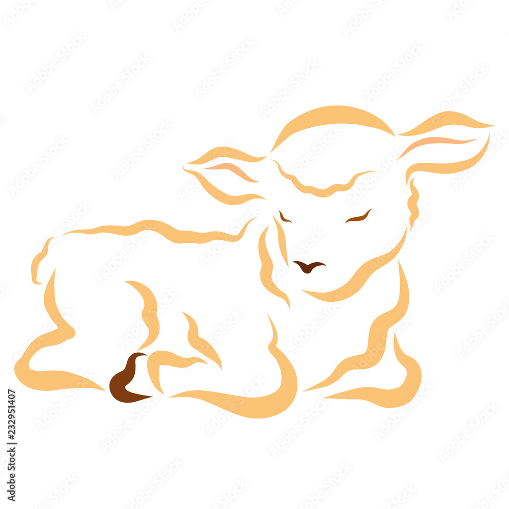 Fototapeta premium Sleeping little lamb with eyes closed, contour