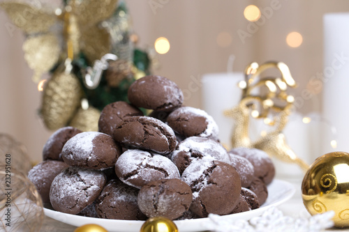 Homemade chocolate cookies with christmas background