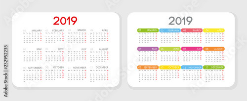 vertical Concise stylish pocket calendar concept 2019. Two options are presented. First option in strict classical style second with color emphasis on names of month. for wall pocket desktop calendar.