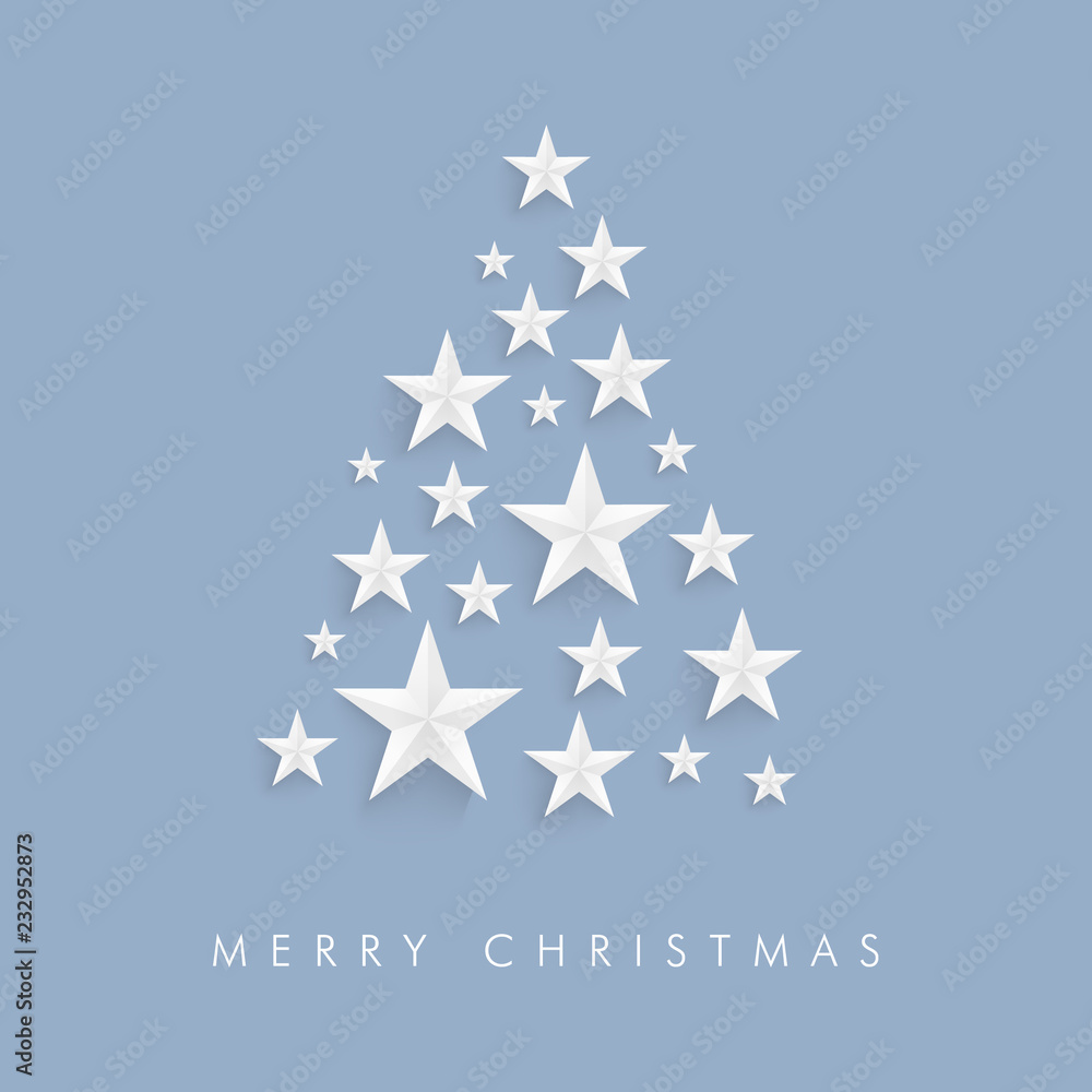Pastel blue christmas tree vector design with origami star shapes and merry christmas text. Pastel blue christmas tree vector design with origami star shapes and merry christmas text.