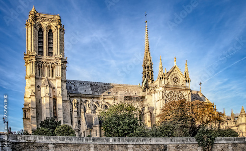 Side view of the Notre-Dame de Paris Cathedral