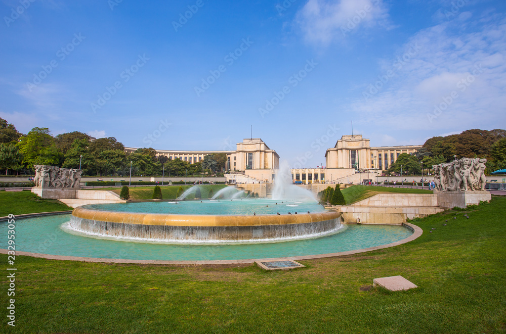 PARIS, FRANCE, SEPTEMBER 5, 2018 - View of Trocadero in Paris, France, in a sunny day with blue sky.