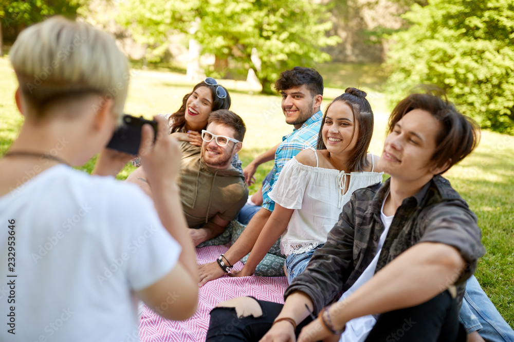 friendship, leisure and technology concept - group of happy smiling friends photographing at picnic in summer park friendship, leisure and technology concept - group of happy smiling friends photographing at picnic in summer park