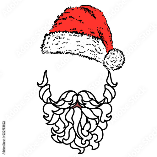 Padded beard and Santa Claus hat. Hand drawn New Year mask, isolated vector.