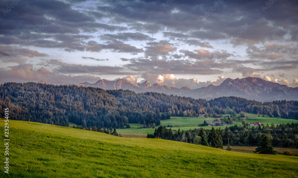 Bavarian landscape at the foot of the Alps in the evening