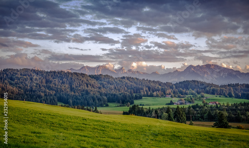 Bavarian landscape at the foot of the Alps in the evening