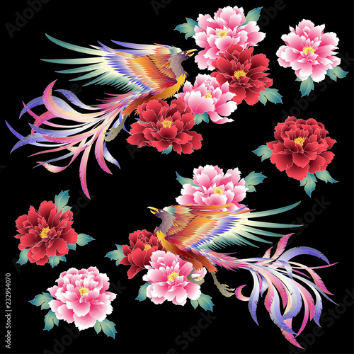 鳳凰と牡丹のイラスト