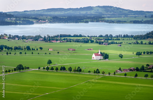 View of the Forggensee lake and surroundings from the Neuschwanstein Castle in Hohenschwangau