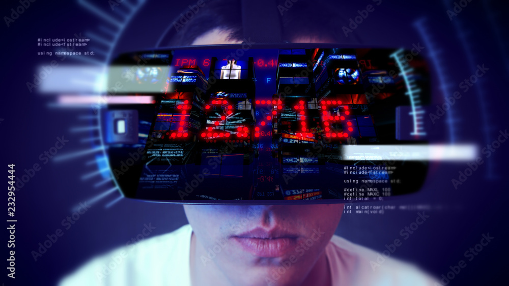 Young man wearing VR headset and watching business and economy related graphics. Young man wearing VR headset and watching business and economy related graphics.