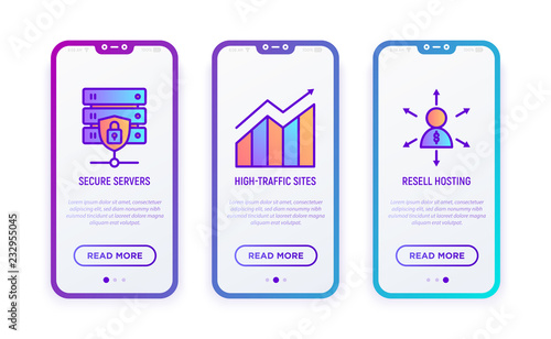 Hosting thin line icons set: secure server, high-traffic servers, resell hosting. Modern vector illustration for user mobile interface.