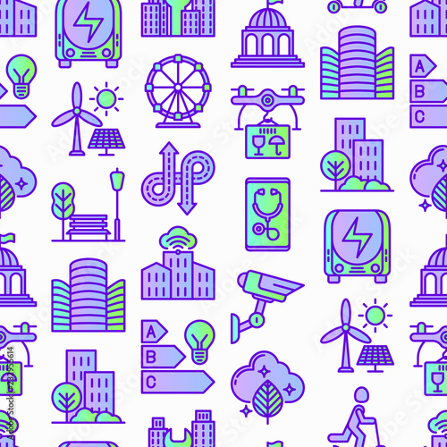 Smart city seamless pattern with thin line icons: green energy, intelligent urbanism, efficient mobility, zero emission, electric transport, balanced traffic, CCTV, telemedicine. Vector illustration.