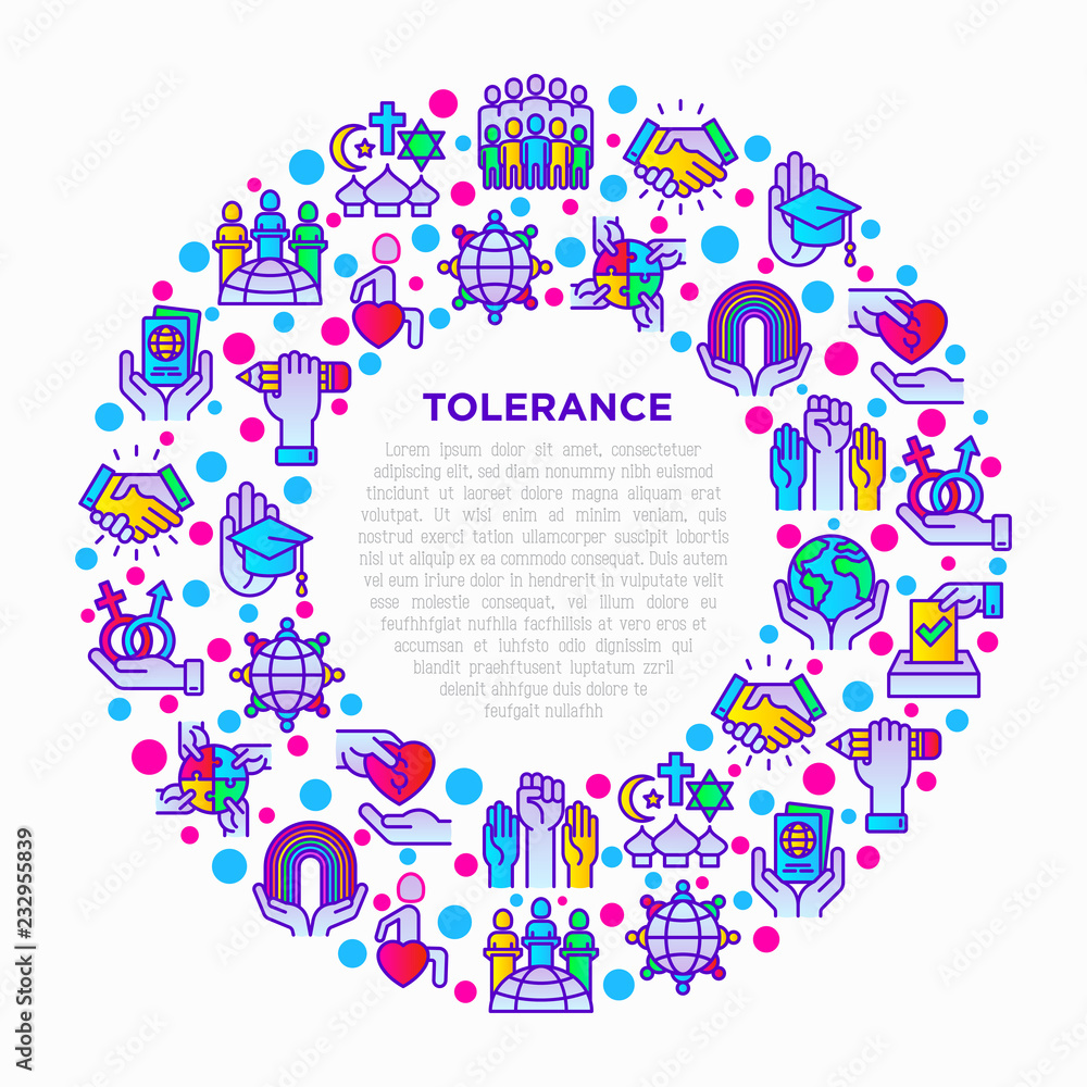 Tolerance concept in circle with thin line icons: gender, racial, religious, sexual orientation, interclass, for disability, respect, self-expression, human rights. Vector illustration for print media