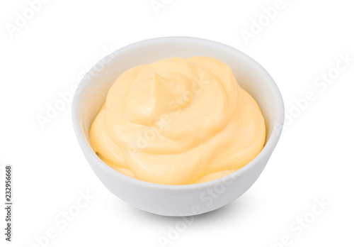 One Bowl with tasty cheese sauce on white background