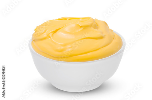 One Bowl with tasty cheese sauce on white background