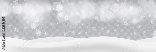Heavy snowfall, snowflakes in different shapes and forms, vector illustration. White cold flake elements isolated on transparent background, bokeh, defocused lights. White realistic snow layers.