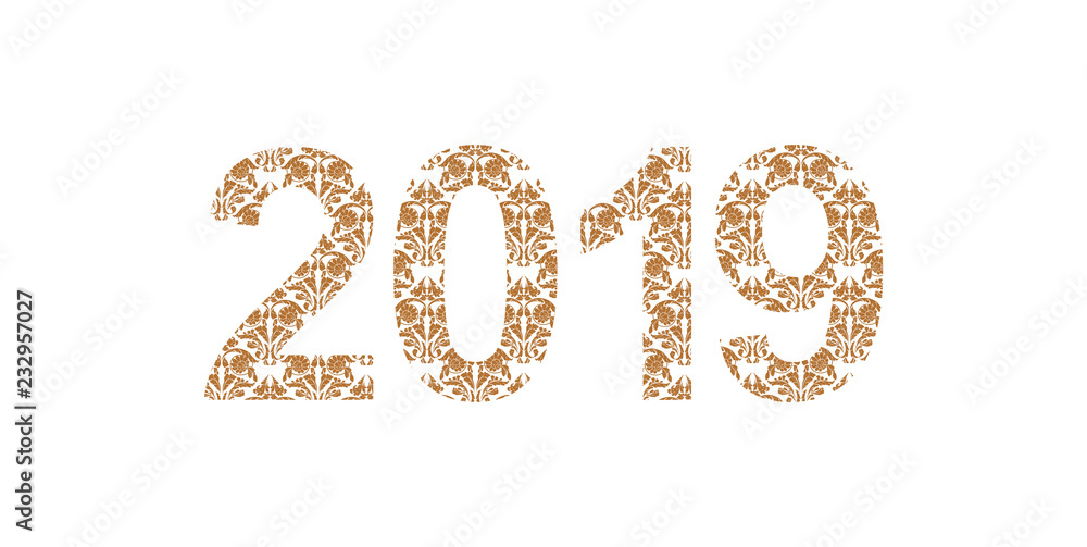 Number 2019 year patterned with floral shapes, isolated on white. 2019 for decorate calendar, banner, poster, invitation, card, adult coloring book. Number 2019 year patterned with floral shapes, isolated on white. 2019 for decorate calendar, banner, poster, invitation, card, adult coloring book.