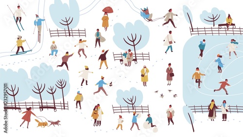 Crowd of tiny people dressed in outerwear performing outdoor activities in winter park - building snowman, throwing snowballs, walking dog. Colorful vector illustration in flat cartoon style.