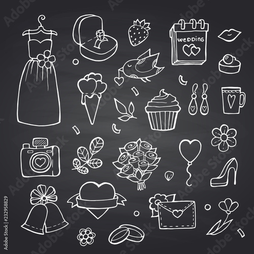 Vector doodle wedding elements set on black chalkboard background illustration. Wedding chalkboard doodle element, flower and shoes, bell and envelope