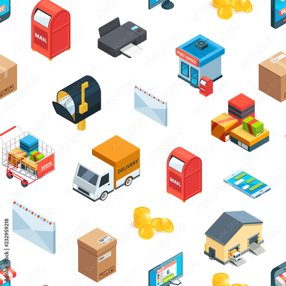 Vector isometric logistics and delivery icons pattern or background illustration. Delivery pattern seamless, transportation and distribution service