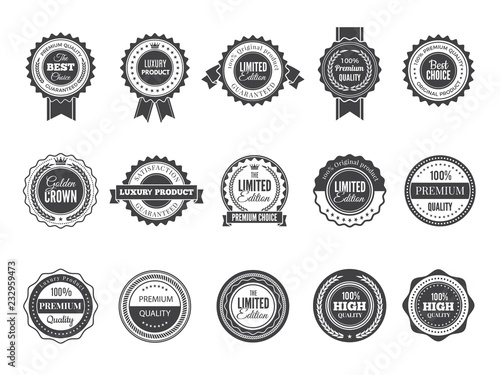 Vintage premium badge. Luxury high quality best choice labels or logos for stamps vector collection black template. Illustration of premium quality label, guarantee badge sticker photo