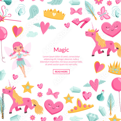 Vector cute artoon magic and fairytale elements background with place for text illustration. Unicorn and crown, princess fairytale