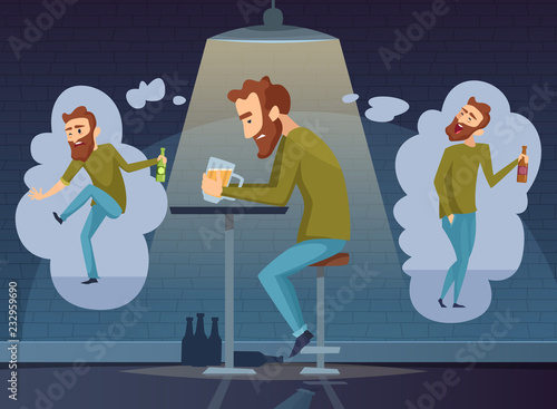 Alcoholism concept. Addicted man alcoholic dark depression drinking alcohol vodka beer whiskey social vector placard background. Illustration of man alcoholism, sad alone person, depressed problem