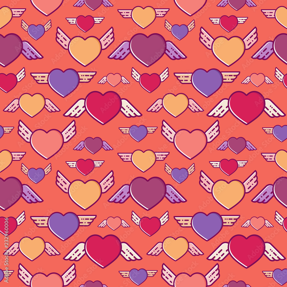 Fototapeta premium Flying hearts seamless pattern, vector texture