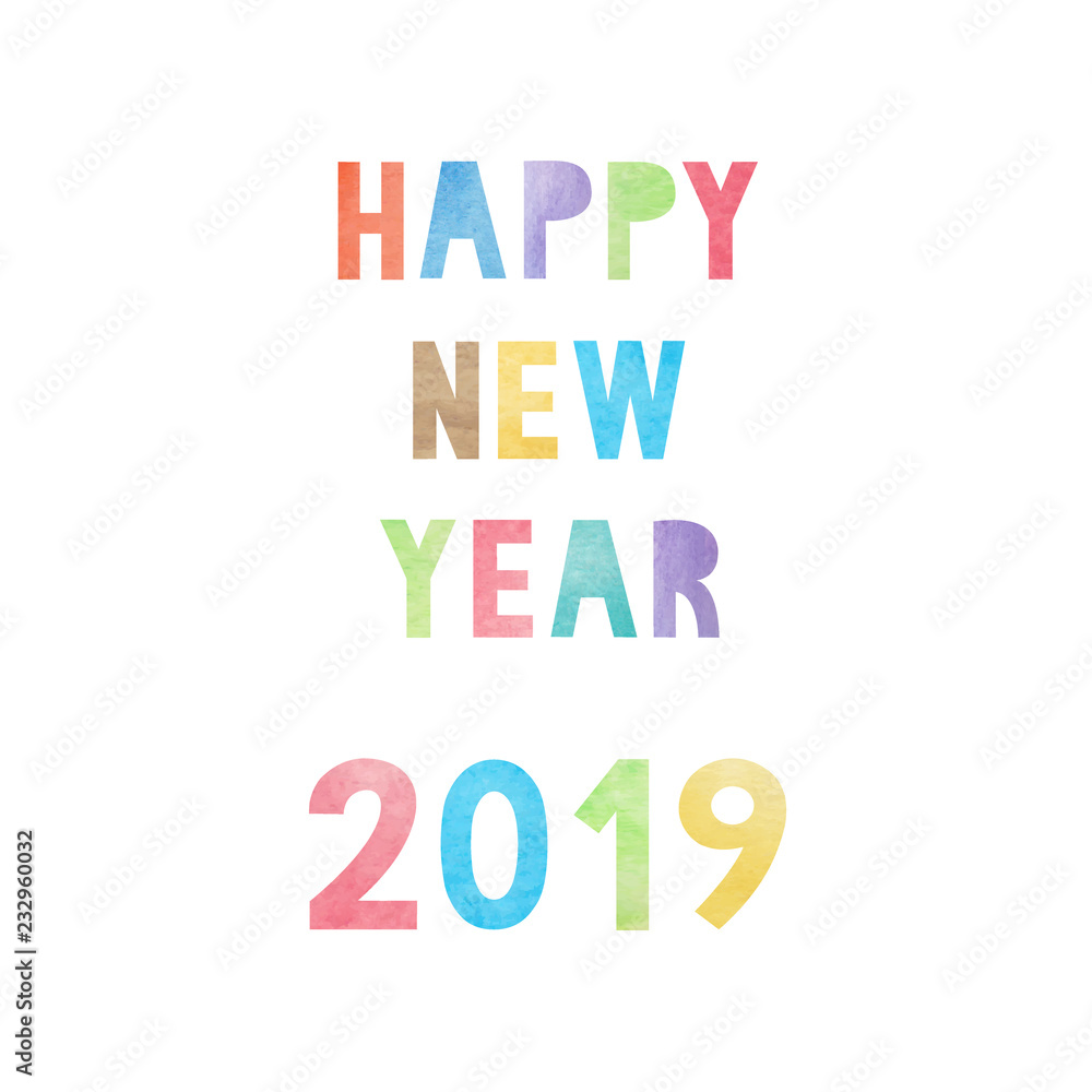 Colorful watercolor on happy new year 2019 text