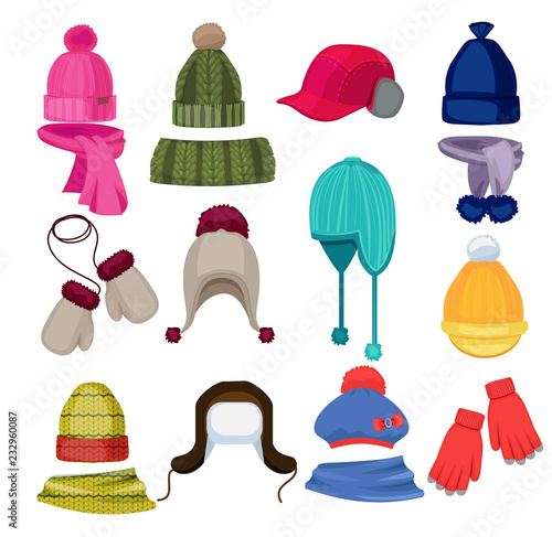 Winter hat cartoon. Headwear cap scarf and other fashion accessories clothes in flat style vector illustrations. Scarf and hat, headwear and winter clothing