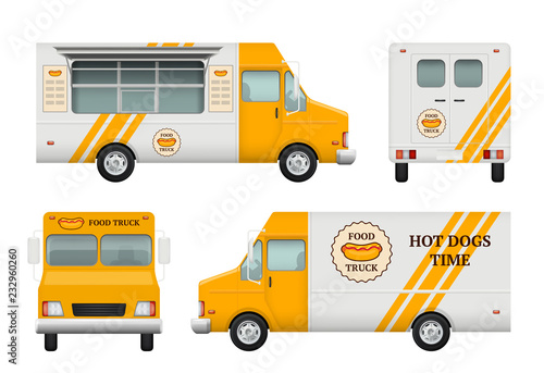 Mobile restaurant identity. Business tools of corporate style for fast catering kitchen and fast food truck vector logo blank templates. Illustration of food catering truck, restaurant vehicle