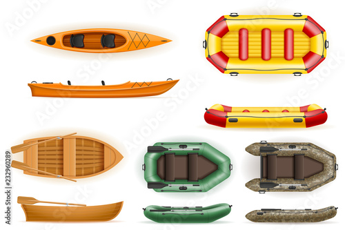 set rowing boats made of plastic wooden and inflatable vector illustration