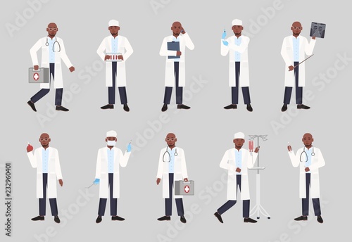 Collection of African American male doctor, physician or surgeon standing in different postures. Bundle of black man dressed in white coat holding medical tools. Flat cartoon vector illustration.