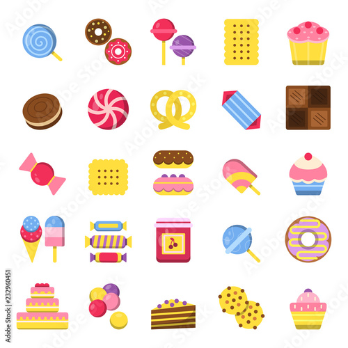 Sweets and pie icons. Pancakes candies chocolate biscuits and ice cream food vector colored flat pictures. Sweet biscuit and dessert, candy and cake illustration