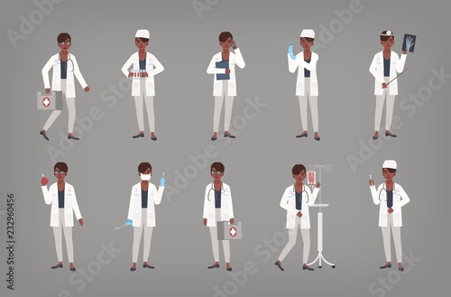Set of African American female doctor, physician or surgeon standing in various positions. Bundle of black woman in white coat holding medical equipment. Flat cartoon colorful vector illustration.