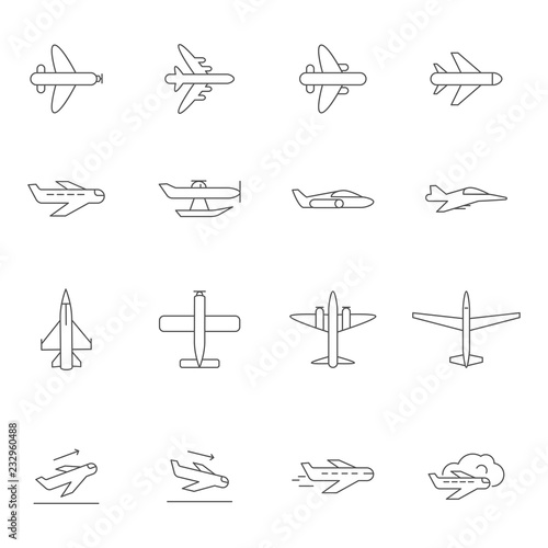 Airplane outline icons. Airline passenger aircraft symbols travelling vector monoline pictures isolated. Aircraft and airplane transportation  passenger outline transport illustration