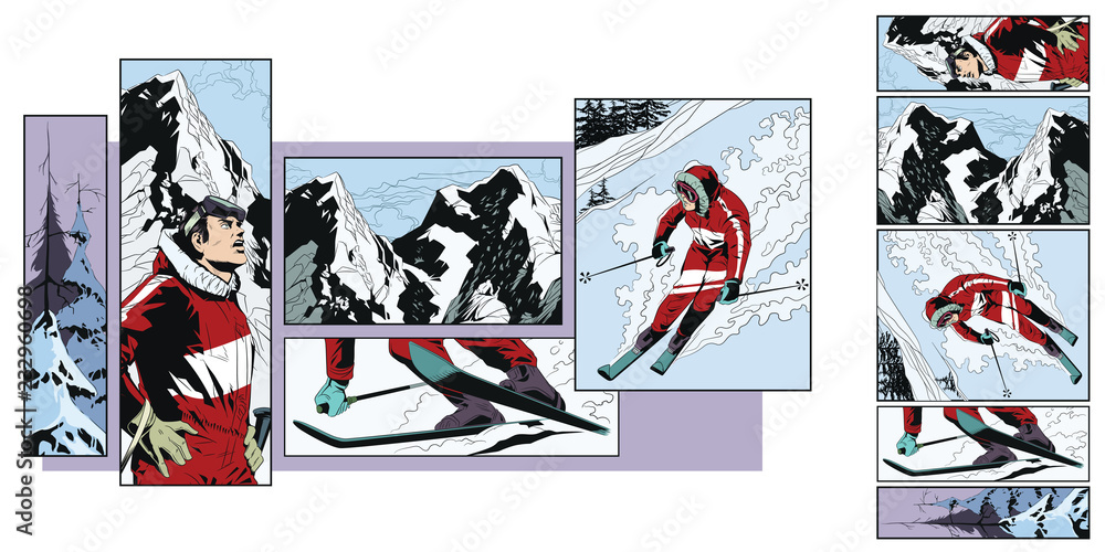 Collage on theme skiing. Stock illustration.
