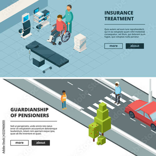 Disabilities persons banners. Invalids home and hospital special equipment wheelchairs walkers crutches gypsum vector isommetric illustrations. Healthcare invalid, guardianship pensioner