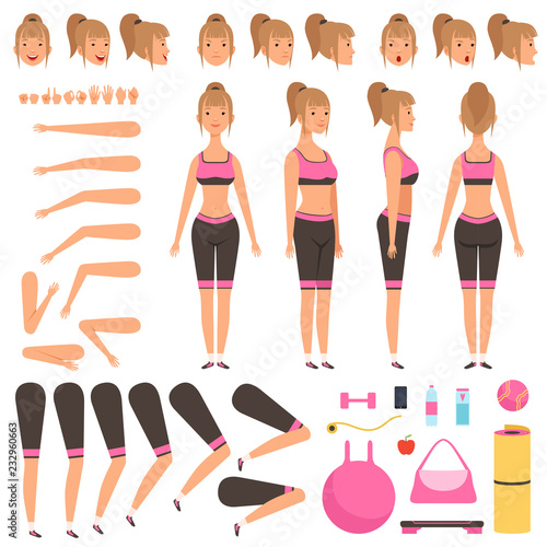 Sport girl animation. Fitness female characters body parts arms hands foot athlete workout vector constructor. Girl body, face and accessory for sport illustration