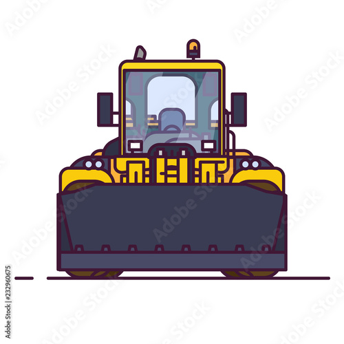 Front view of yellow bulldozer or wheel loader. Line style vector illustration. Construction vehicle and quarry machinery banner. Modern excavator machine. Loader with front bucket, engine vehicle.