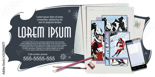 Collage on theme skiing. Stock illustration.